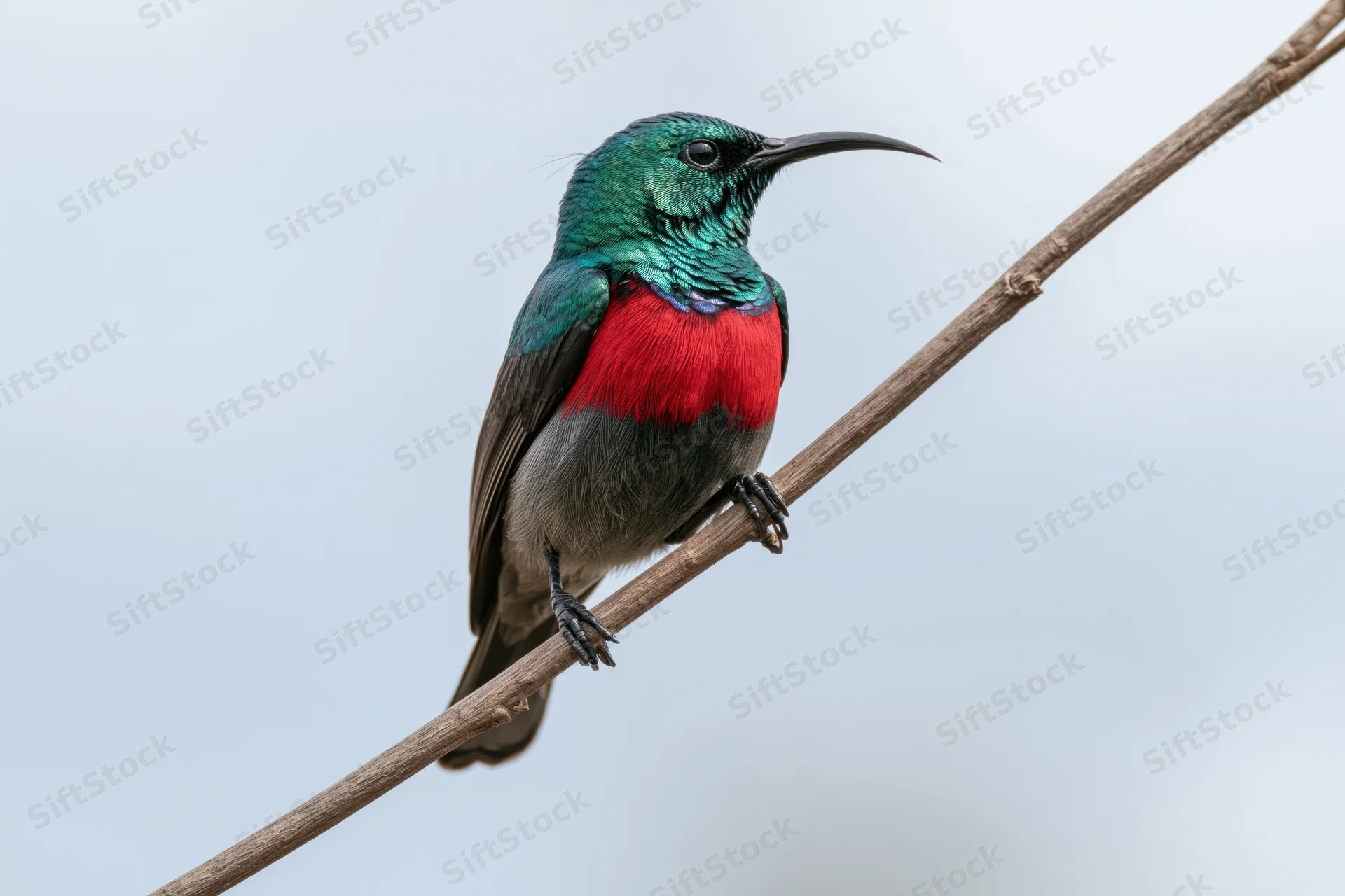 Southern double-collared sunbird perched upright on a bare branch against a soft sky background