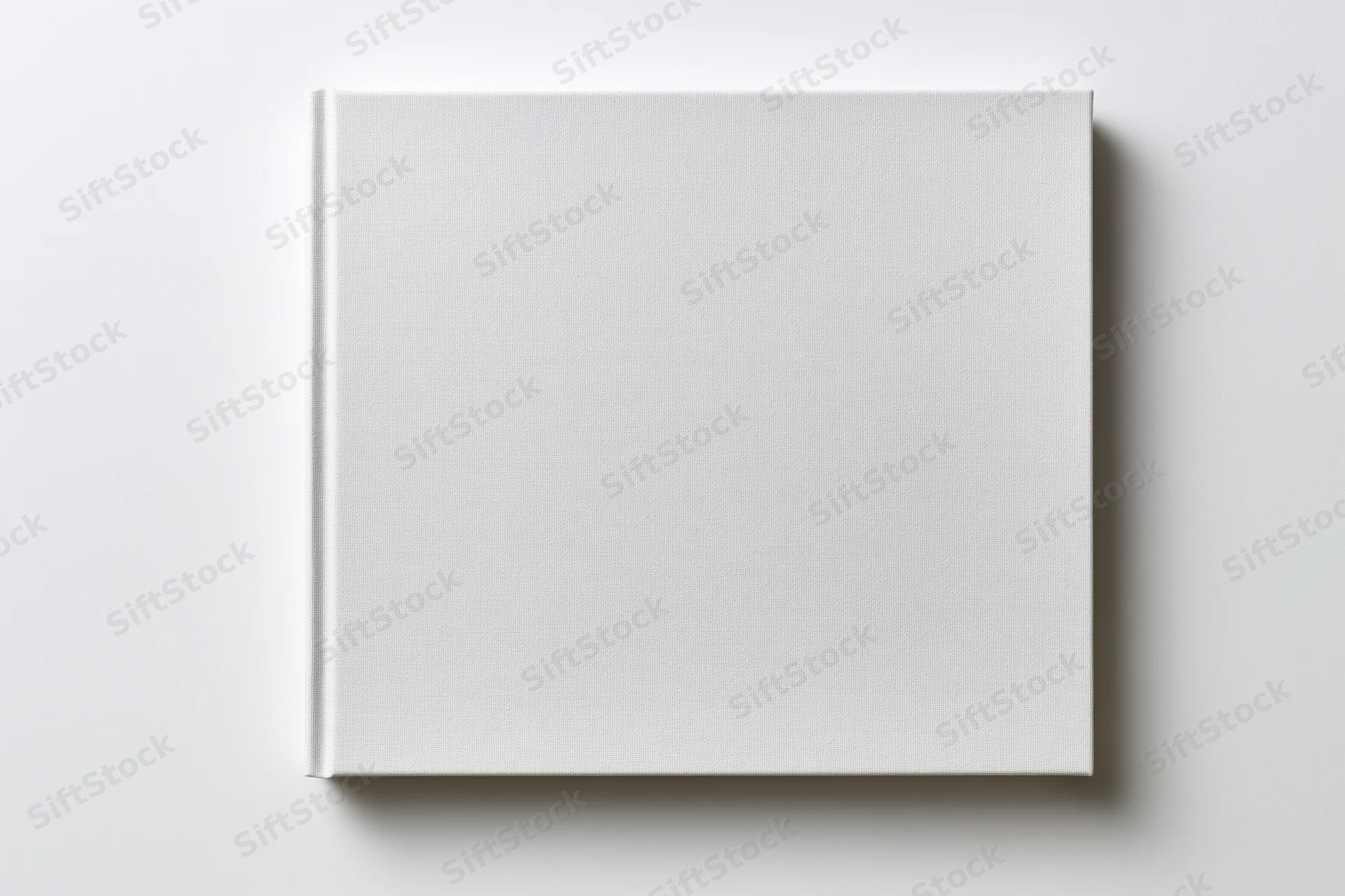 Square blank white hardcover book lying flat on white surface