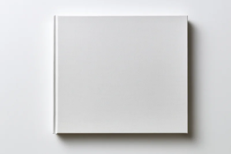 Square blank white hardcover book lying flat on white surface