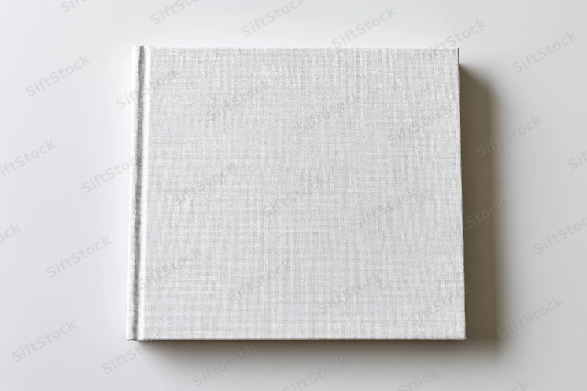 Square blank white hardcover book lying flat on a white surface