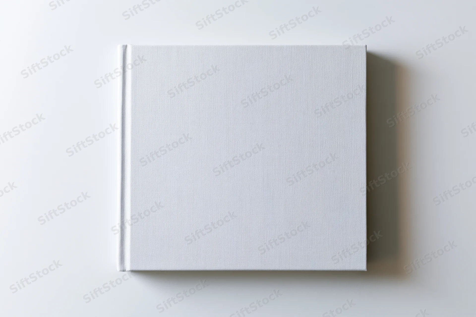 Square blank white hardcover book lying flat on a white surface