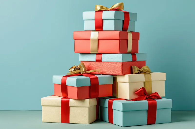 Stack of wrapped gift boxes piled together on a flat surface