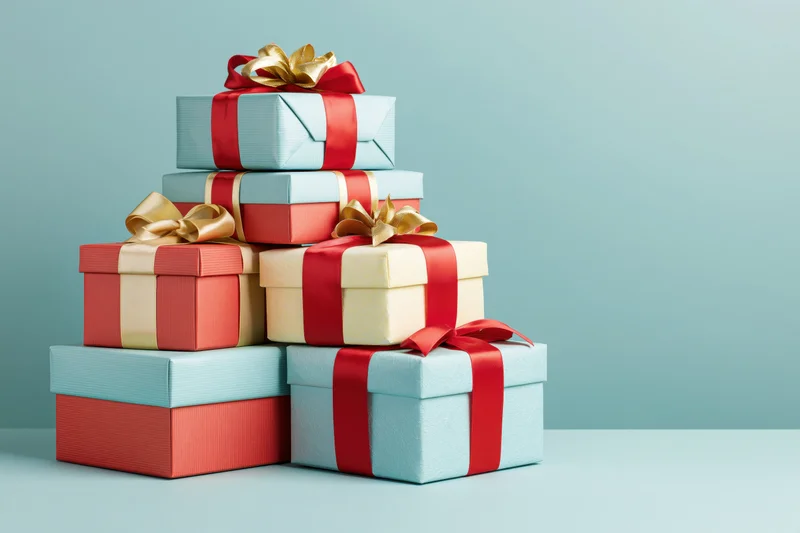 Stack of wrapped gift boxes piled together on a flat surface with copyspace