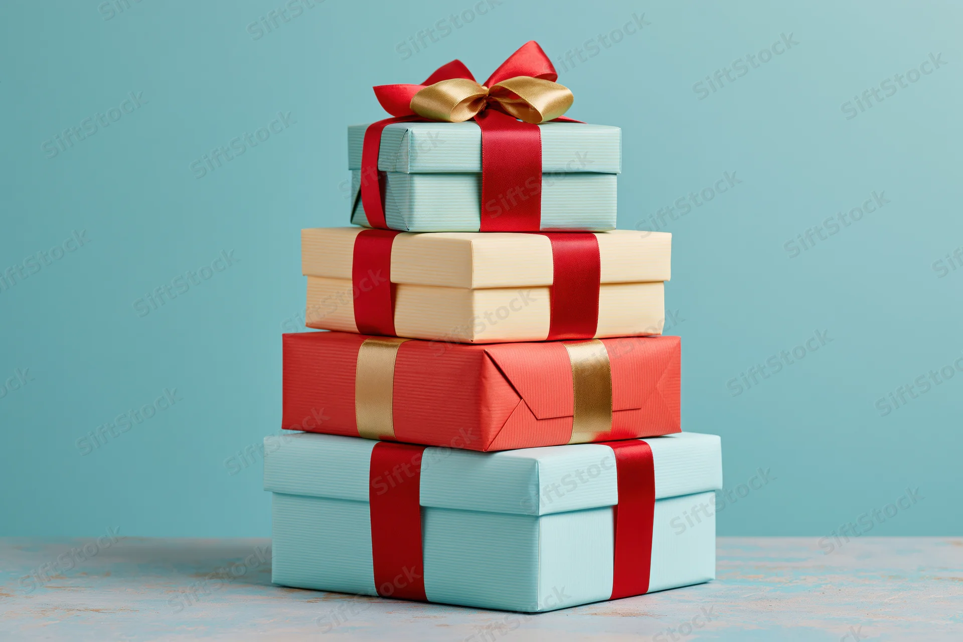 Stack of wrapped gift boxes in red, gold, blue and beige with ribbons and bows on a flat surface against a light blue background
