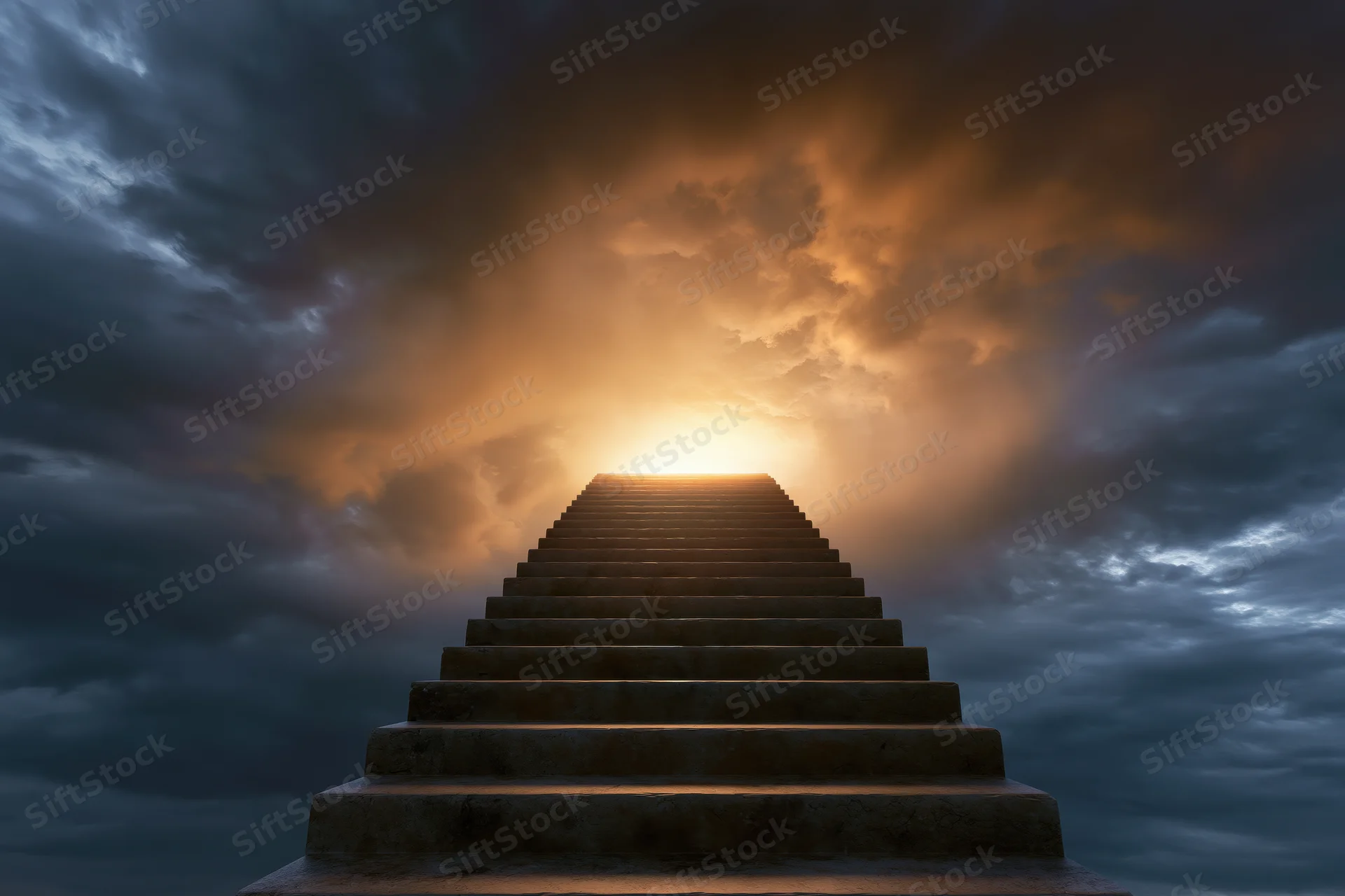 Stone staircase ascending through dramatic clouds toward a glowing horizon