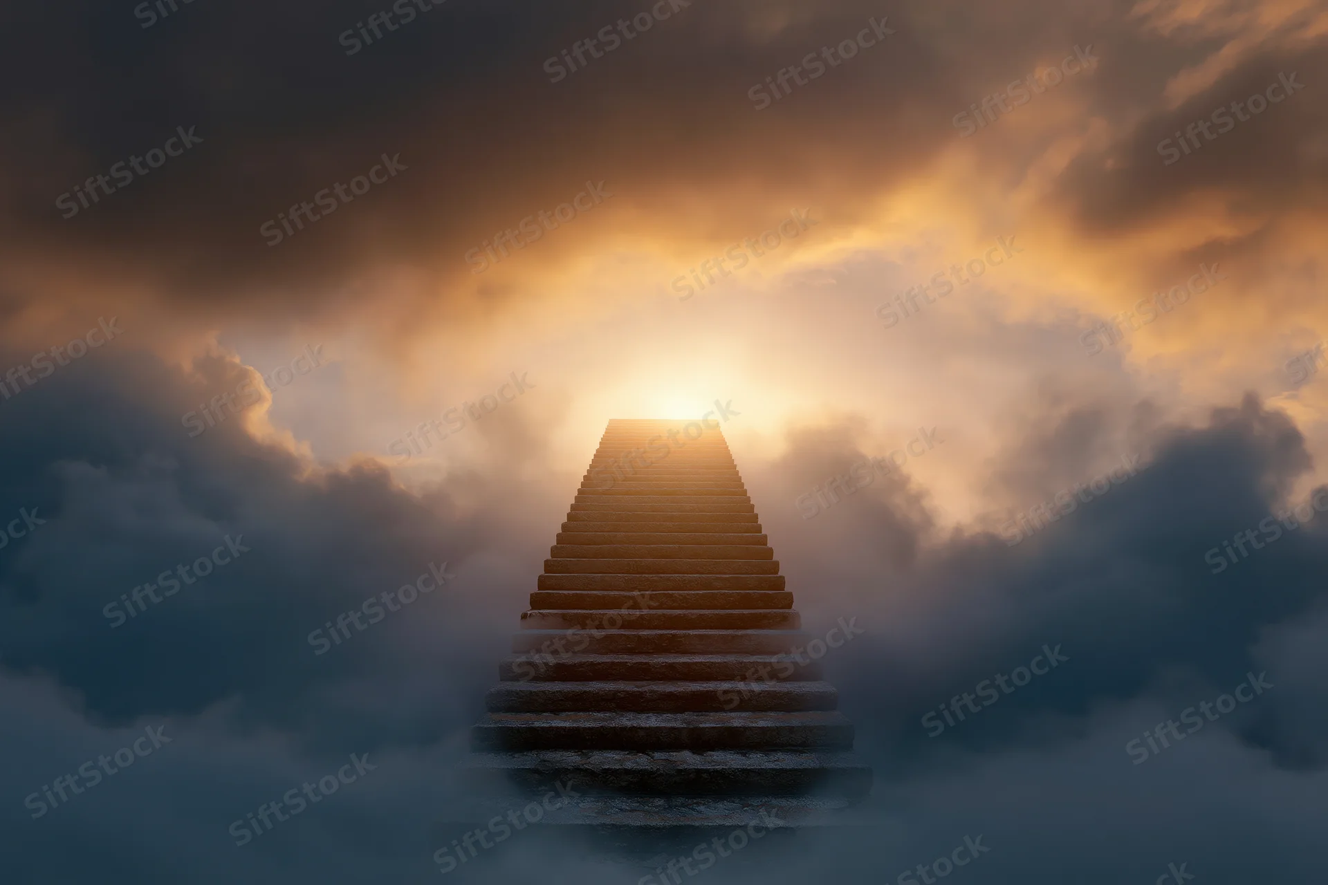 Stone staircase ascending through dense clouds toward a glowing sun in the sky