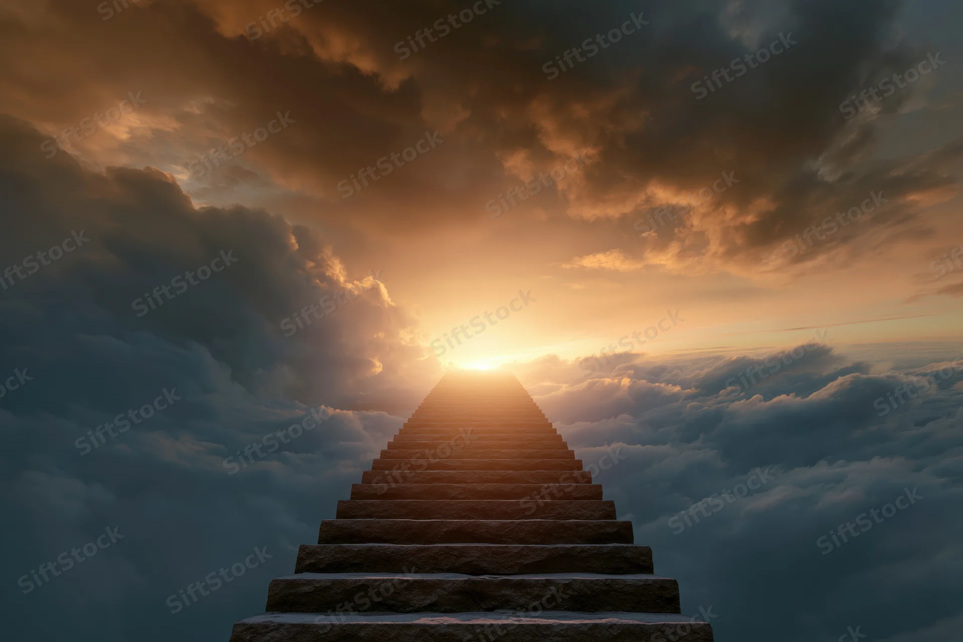 Stone staircase ascending through dense clouds toward a glowing sunrise horizon