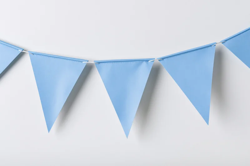 Light blue triangular paper bunting flags strung across a white background