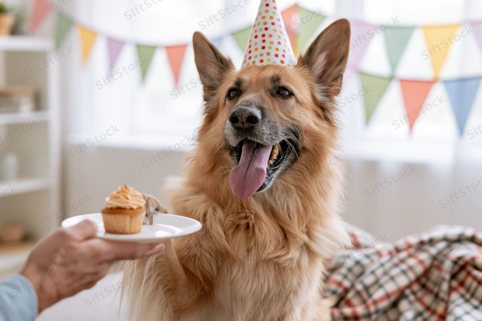 German shepherd dog wearing party hat and receiving cupcake at home birthday celebration