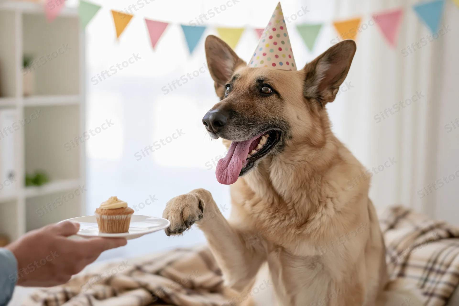 German shepherd dog wearing party hat sitting on couch reaching for cupcake held by person's hand