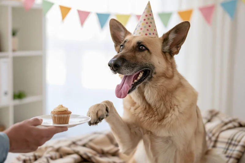 German shepherd dog wearing party hat sitting on couch reaching for cupcake held by person's hand