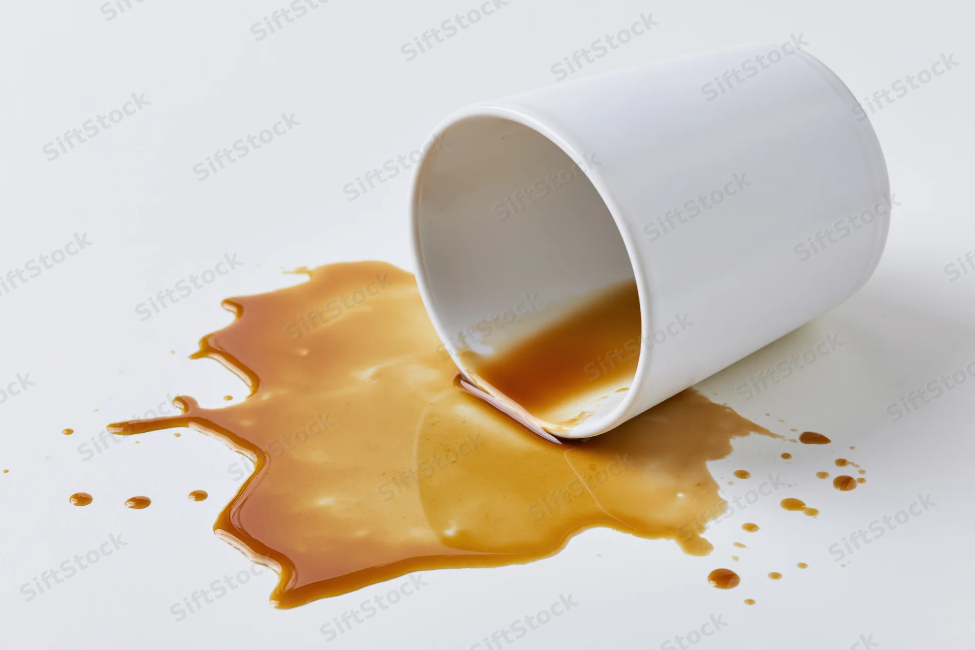 White ceramic coffee mug lying on its side with spilled coffee on a plain white surface