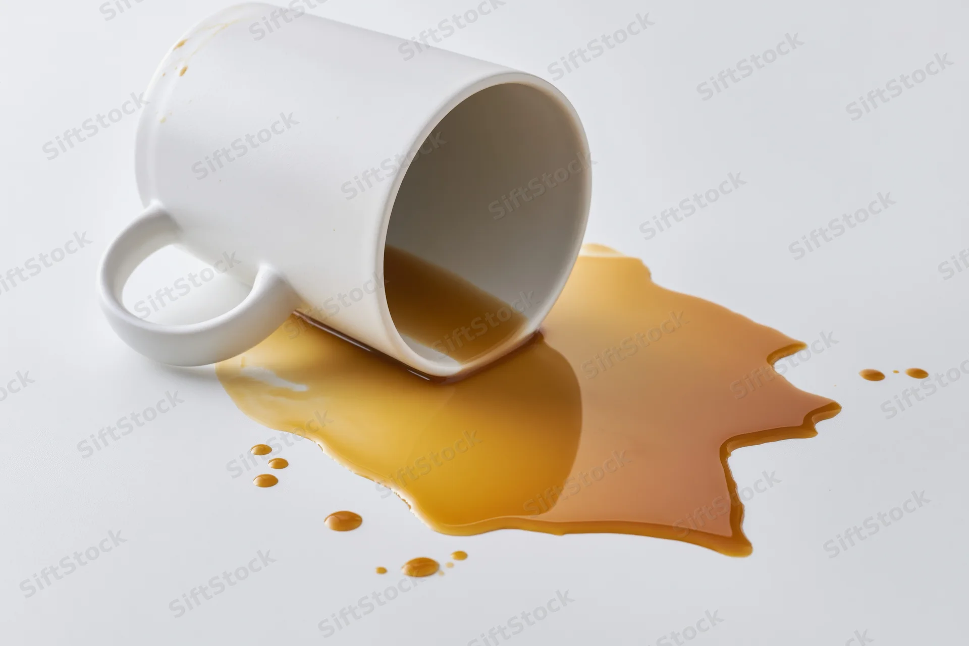 White ceramic coffee mug lying on its side with spilled coffee on a plain surface