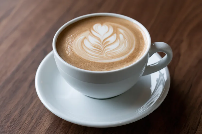 White ceramic cup with latte art rosette on saucer resting on wooden table