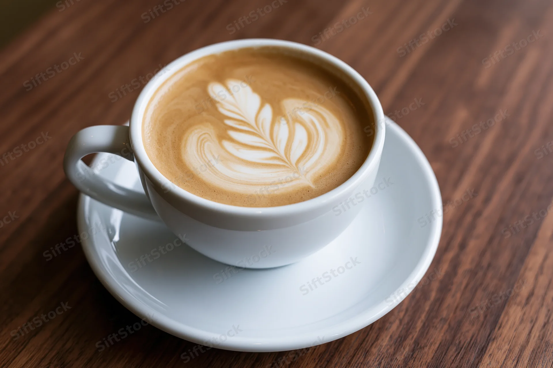 White ceramic cup with latte art rosetta on saucer on wooden table