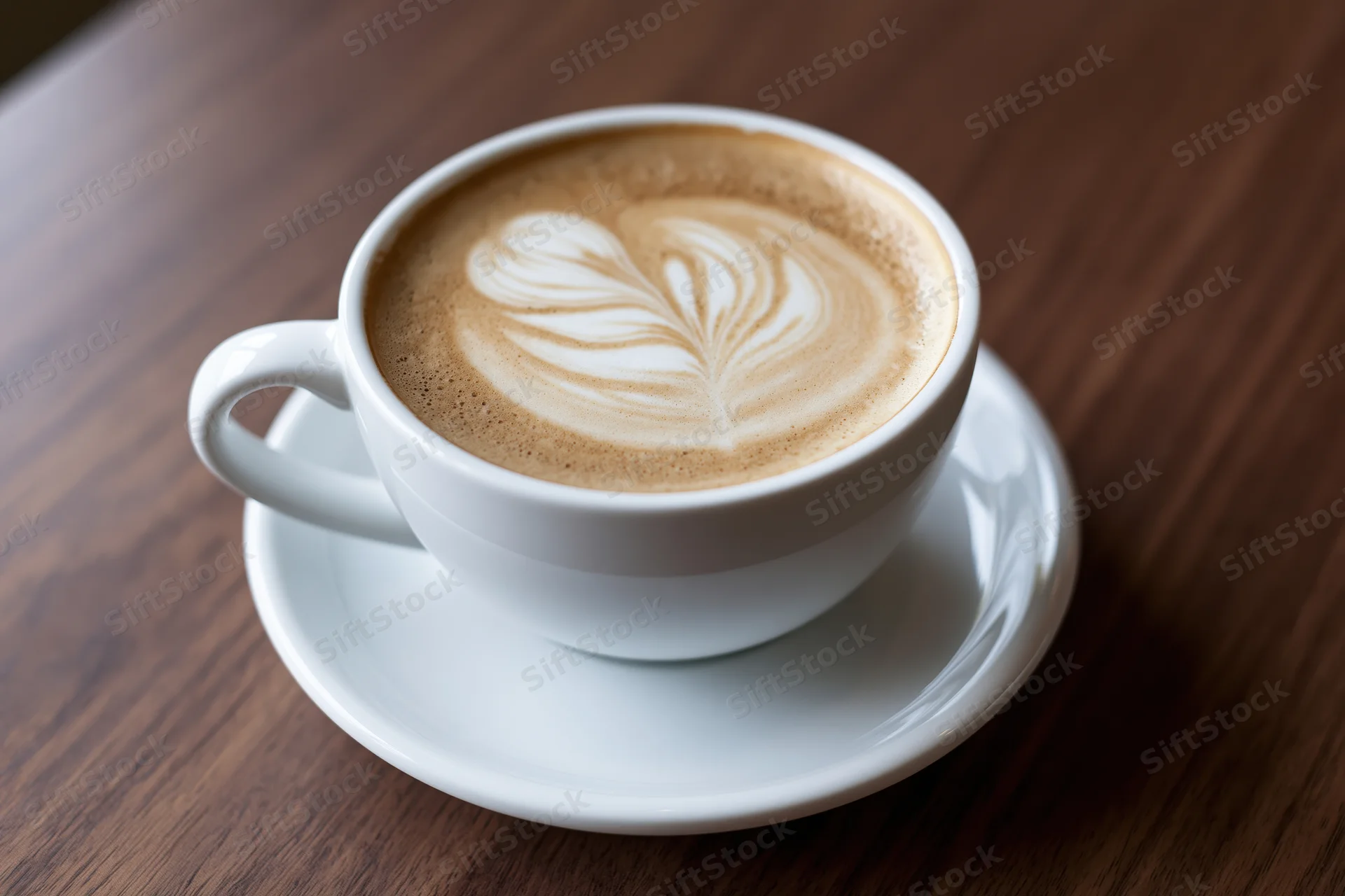 White ceramic cup with latte art rosetta on wooden table