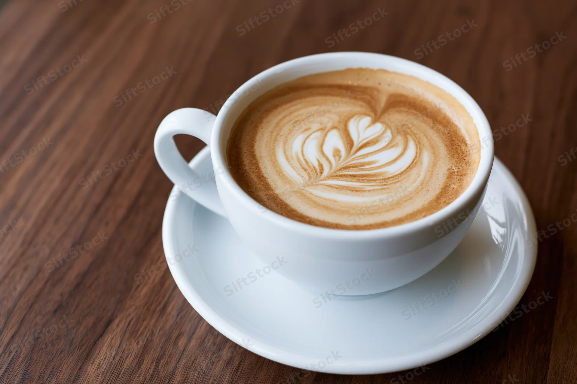 White ceramic cup with latte art rosette on wooden table