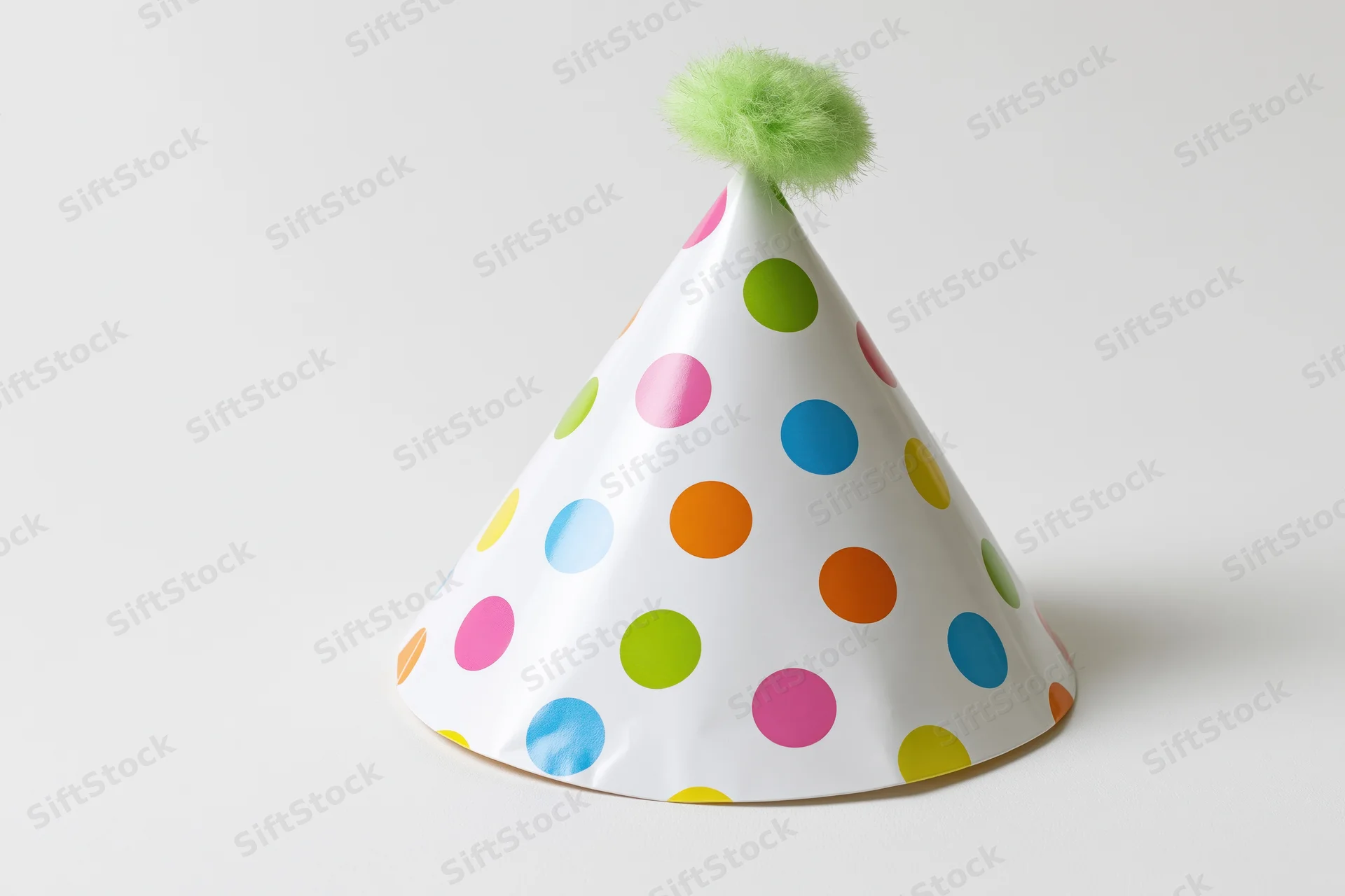 White paper party hat with multicolored polka dots and green pompon on plain background