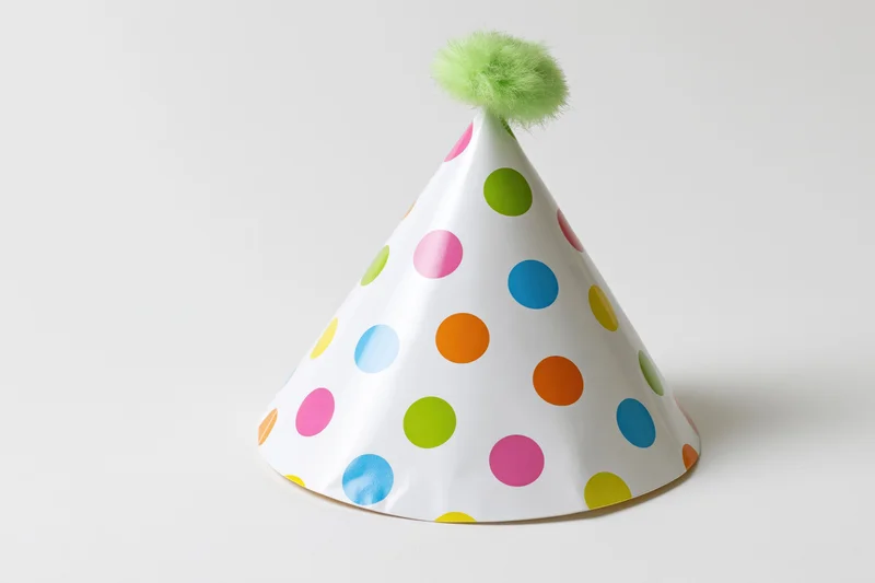 White paper party hat with multicolored polka dots and green pompon on plain background