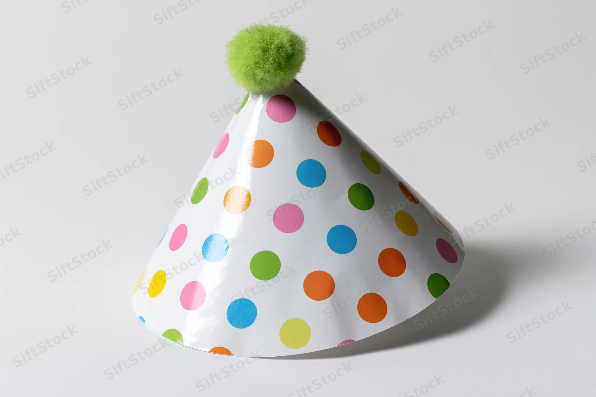 White paper party hat with multicolored polka dots and green pompon on plain background