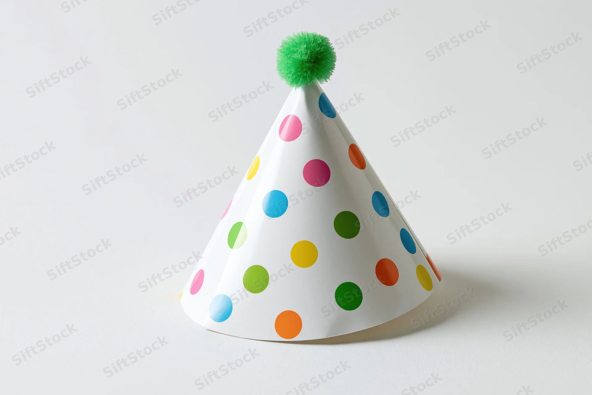 White paper party hat with multicolored polka dots and green pompon on plain surface