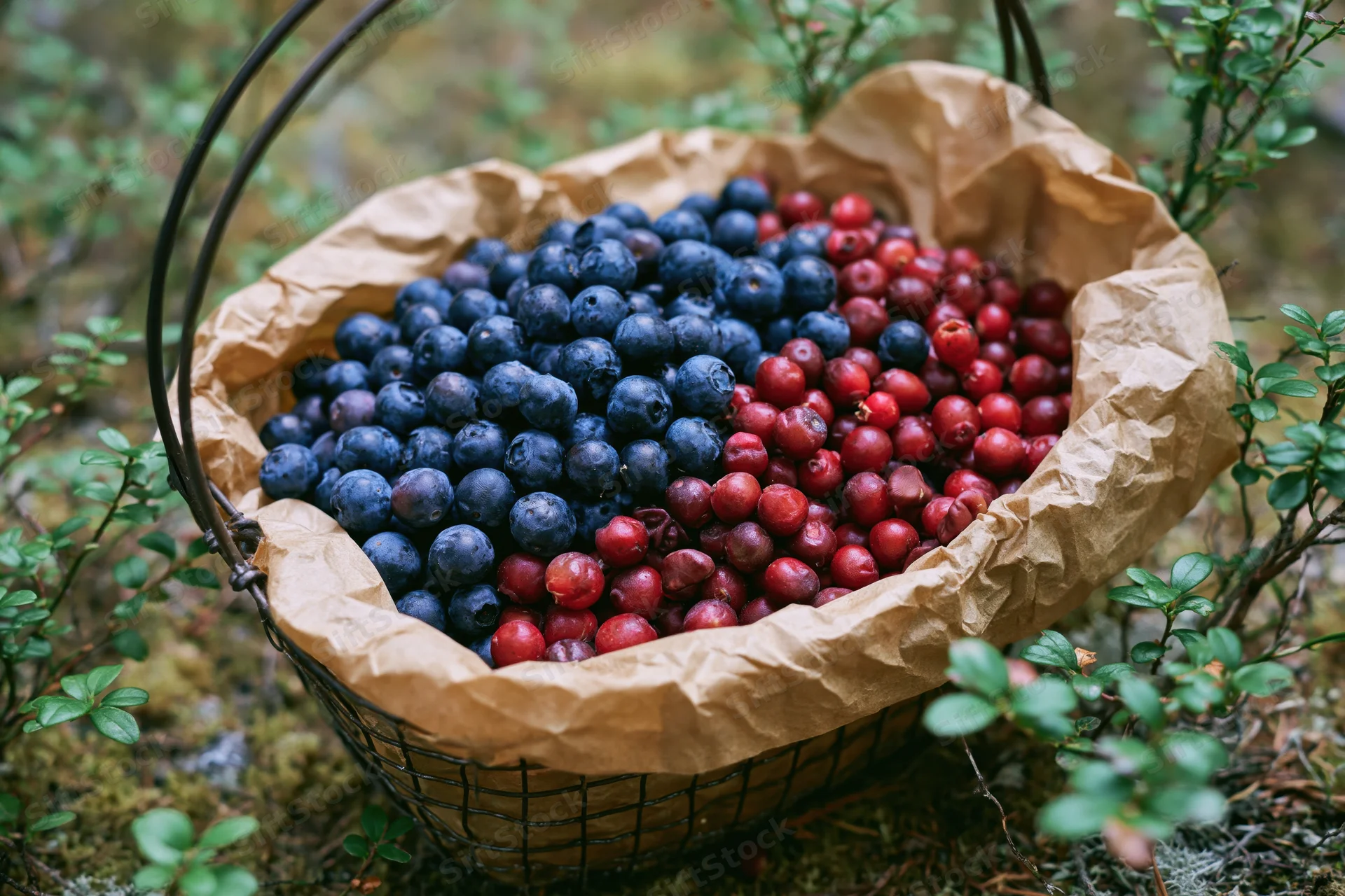 Wire basket filled with blueberries and cranberries lined with crumpled kraft paper in a mossy forest setting