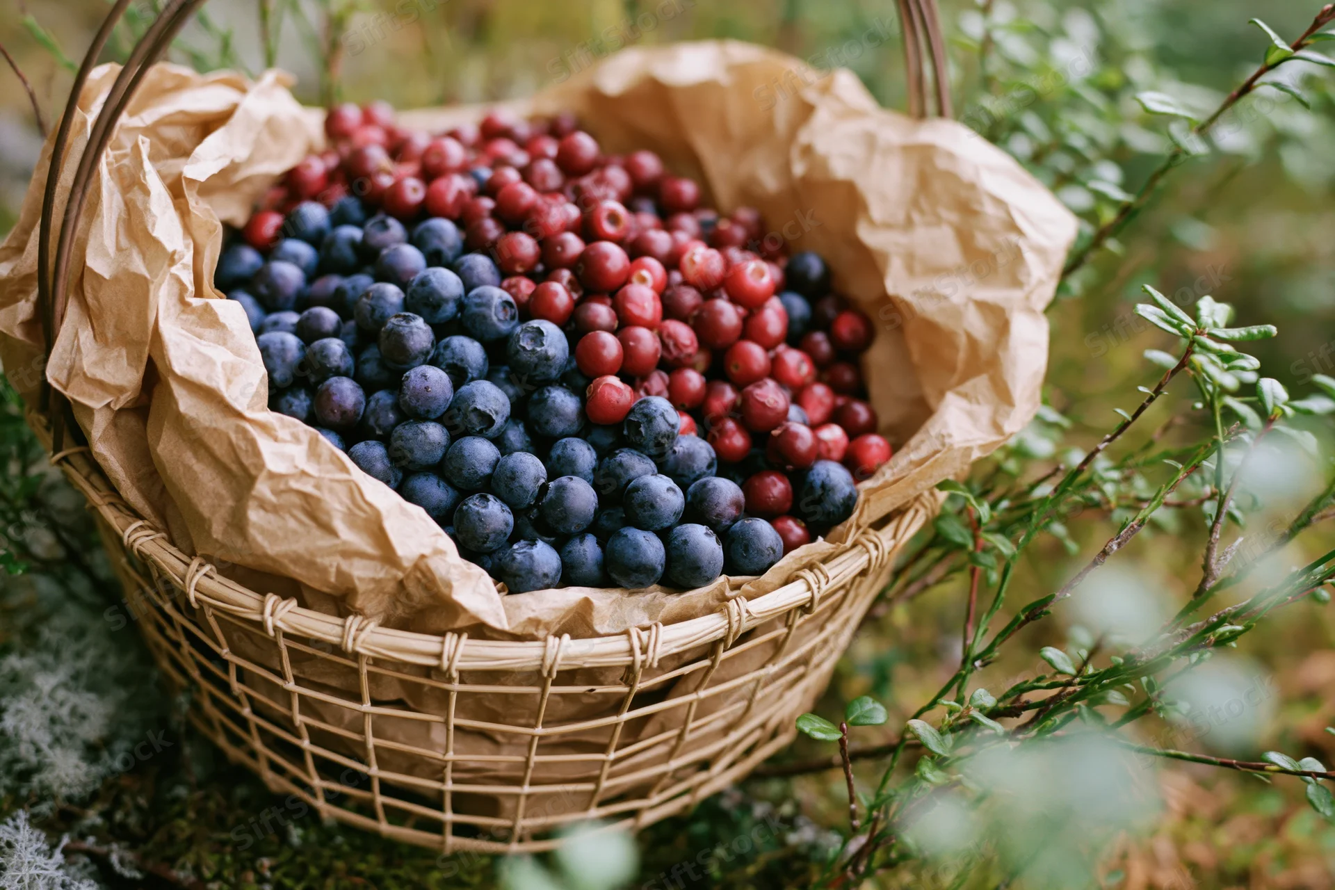 Woven basket filled with blueberries and cranberries resting on mossy ground in a forest setting