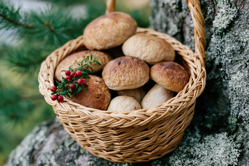 Woven wicker basket filled with porcini mushrooms and red berries resting on mossy tree bark in forest