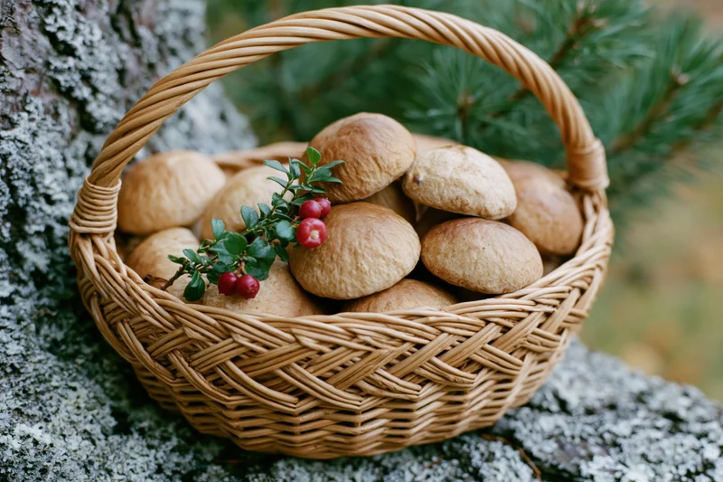 Woven wicker basket filled with porcini mushrooms and cranberries resting on a lichen-covered rock in a forest setting