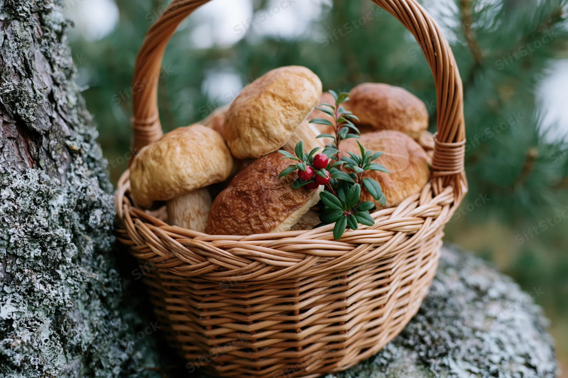 Woven basket filled with porcini mushrooms and red berries resting on a mossy rock beside a tree in a forest