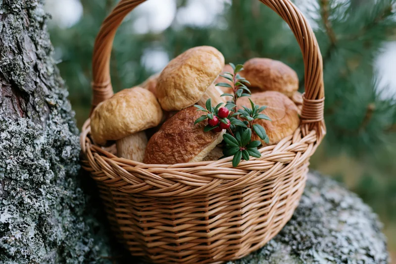 Woven basket filled with porcini mushrooms and red berries resting on a mossy rock beside a tree in a forest