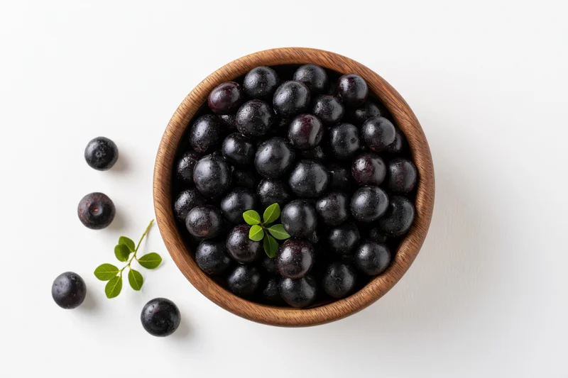 Acai berries in a wooden bowl with scattered berries and green leaves on white background