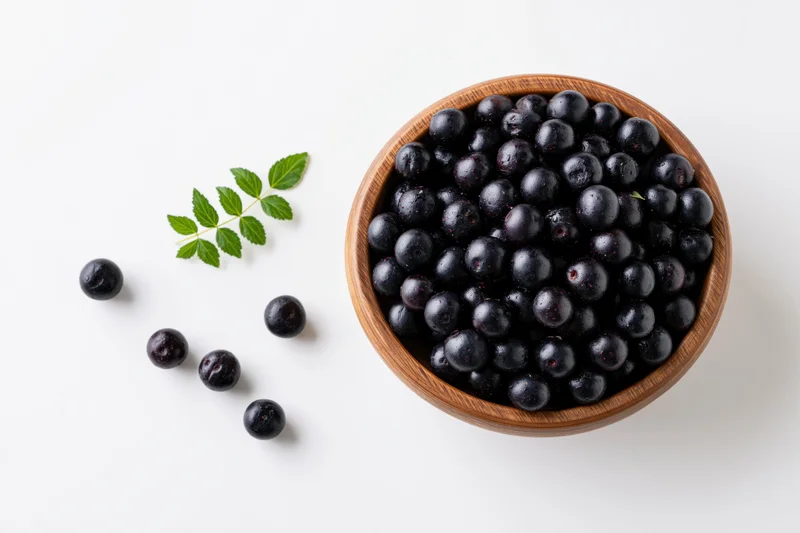 Acai berries in a wooden bowl with scattered berries and a green leaf on white surface