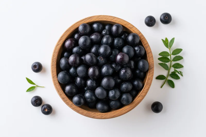 Acai berries in a wooden bowl with scattered berries and green leaves on white background