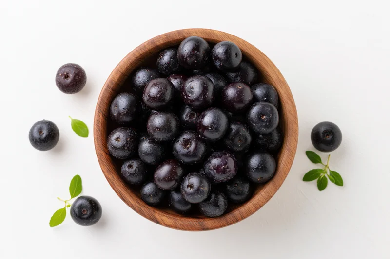Acai berries in a wooden bowl with scattered berries and green leaves on white surface