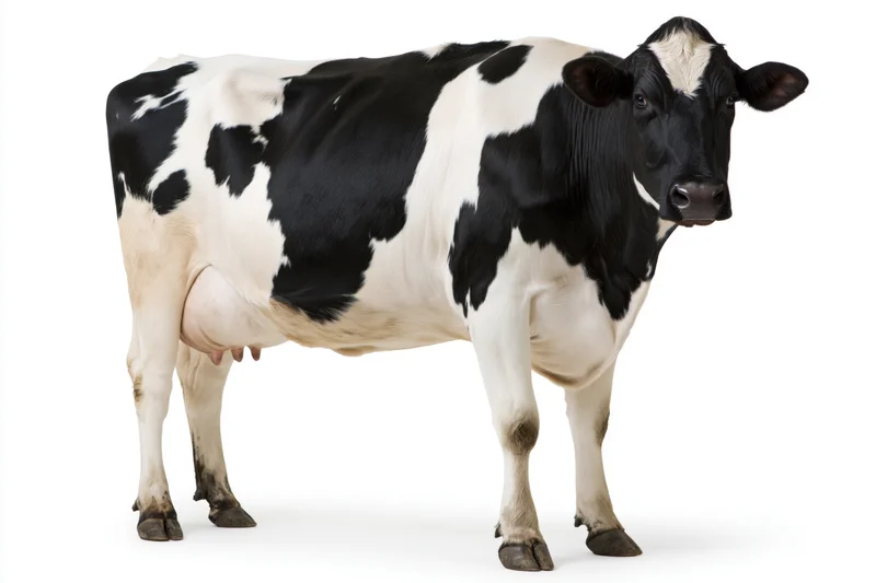 Holstein cow standing in profile against white background