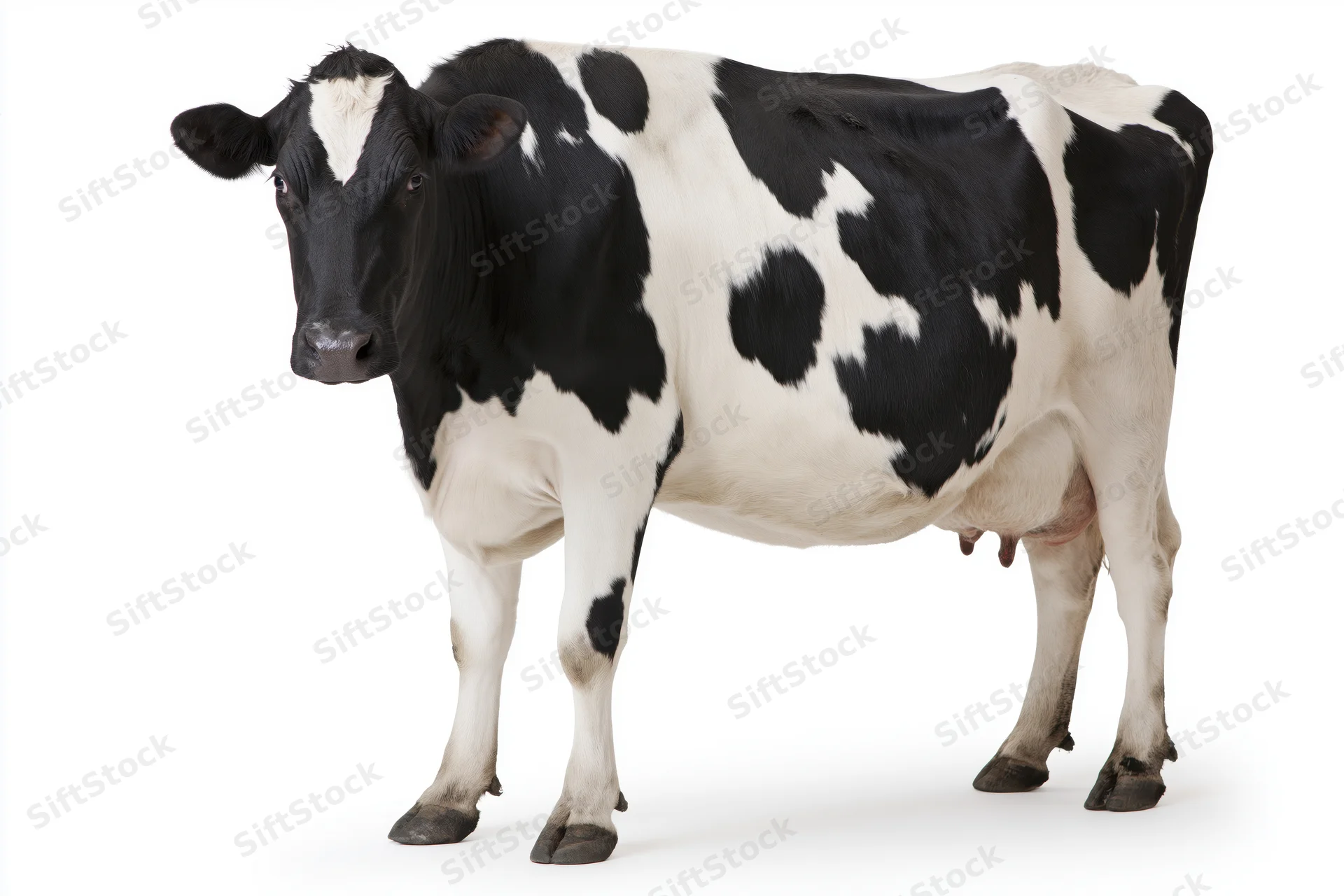 Holstein cow standing in profile against white background