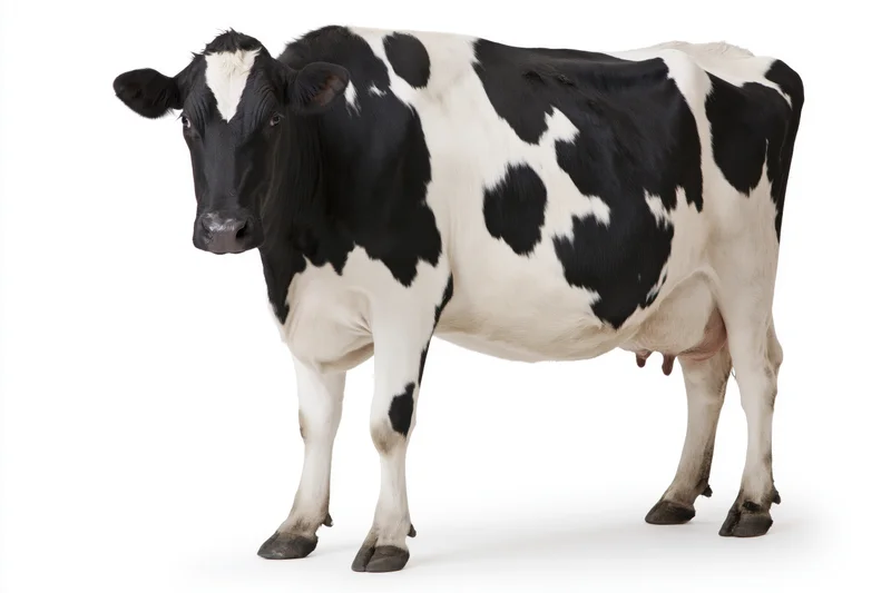 Holstein cow standing in profile against white background