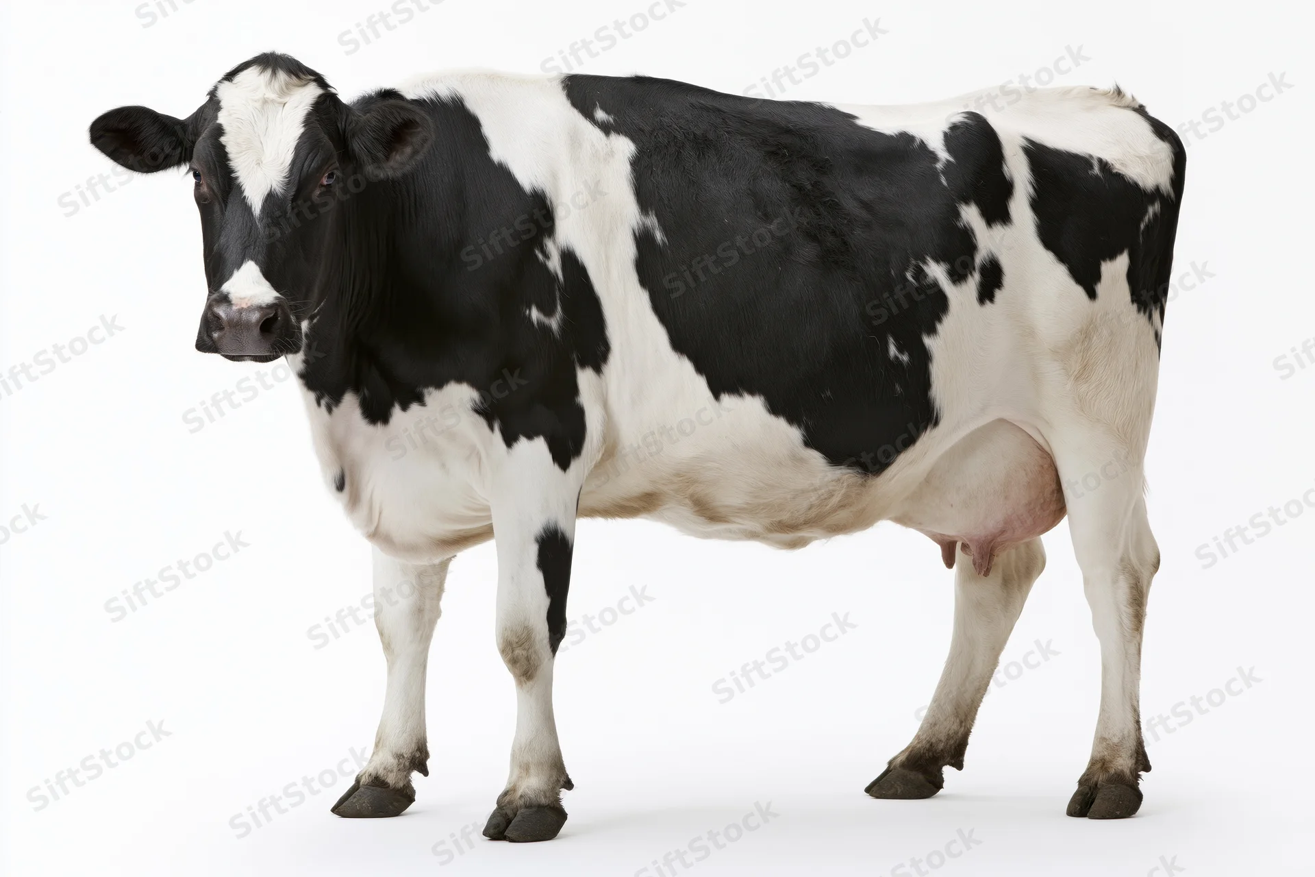 Holstein dairy cow standing in profile against white background