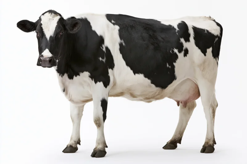 Holstein dairy cow standing in profile against white background