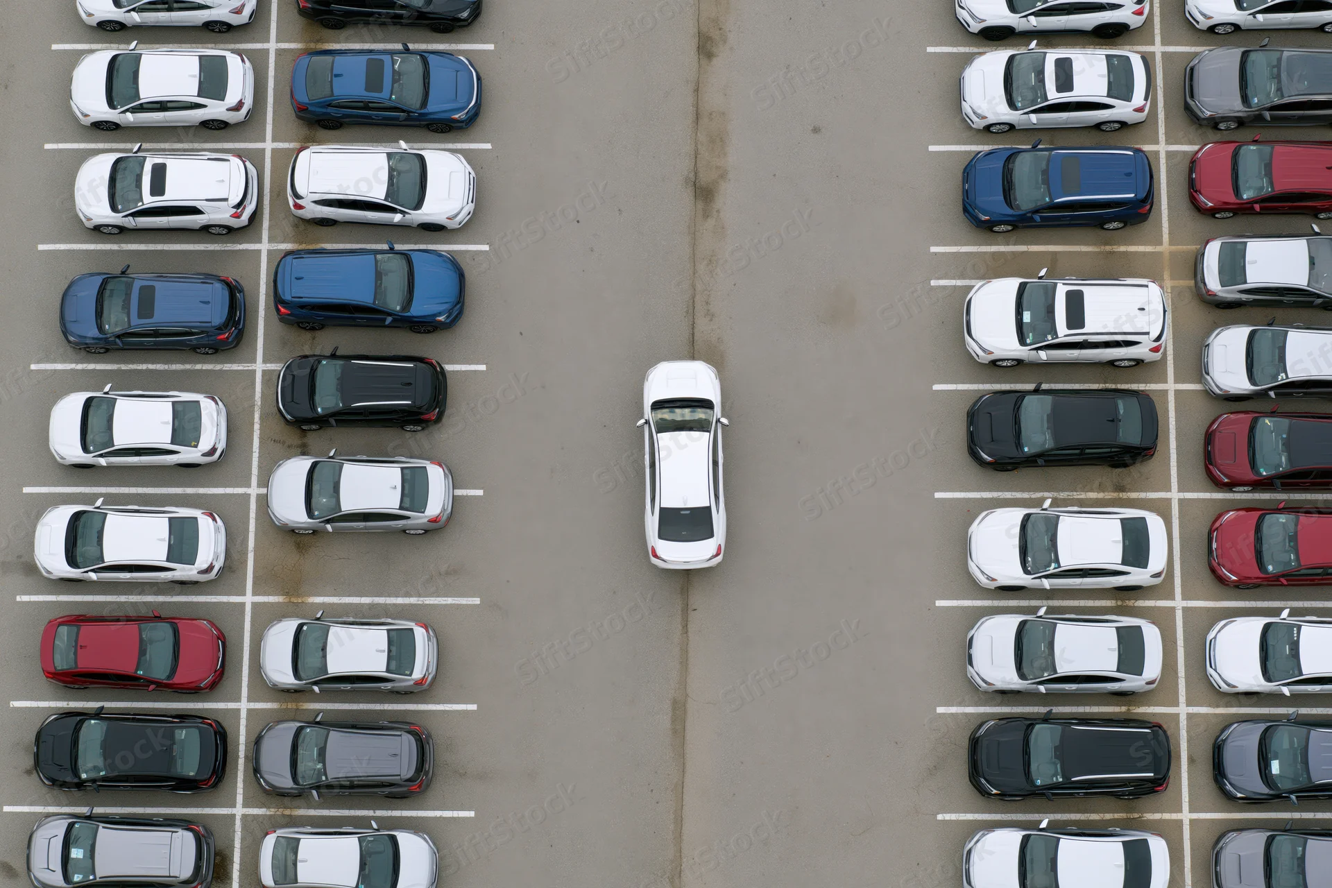 Aerial top-down view of a parking lot with rows of cars and one white car in the center aisle