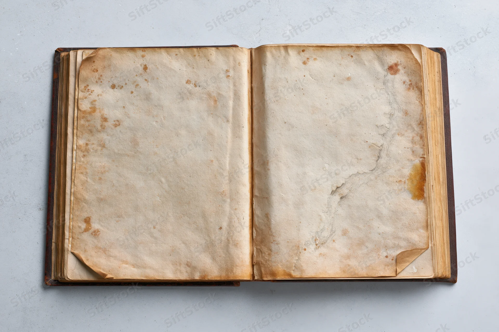 Open aged book with blank stained pages lying flat on light surface
