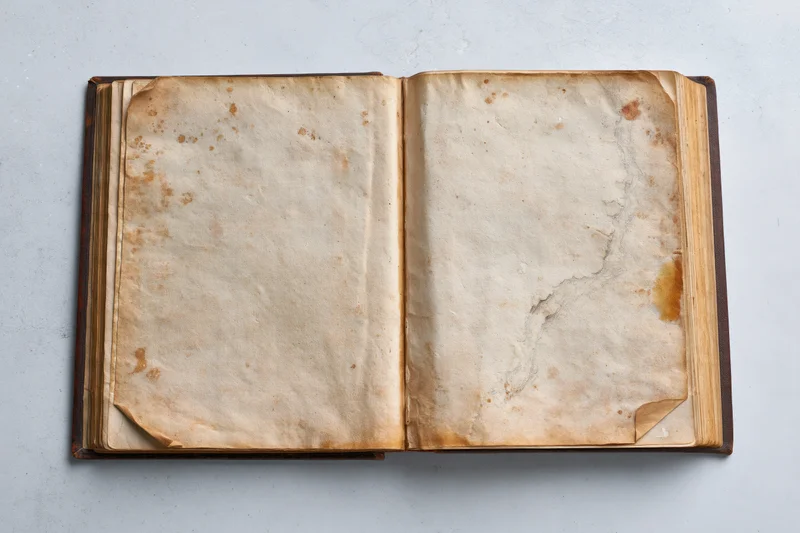 Open aged book with blank stained pages lying flat on light surface