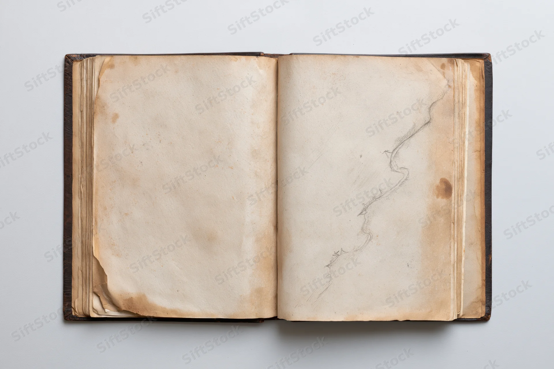 Open vintage book with blank aged pages lying flat on white surface