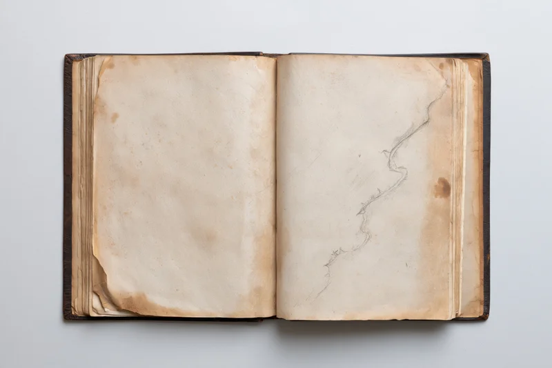 Open vintage book with blank aged pages lying flat on white surface