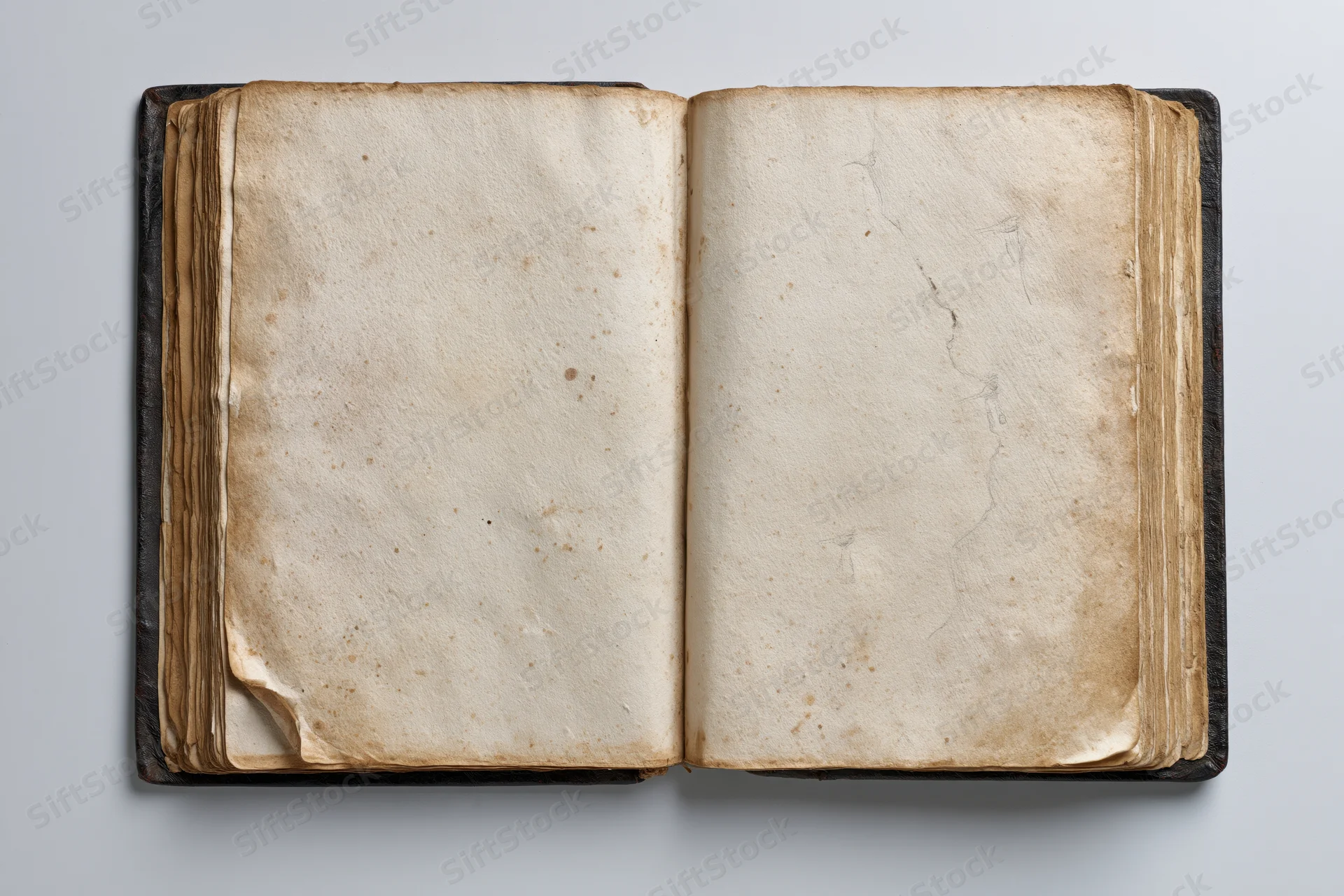 Open aged book with blank yellowed pages lying flat on dark surface
