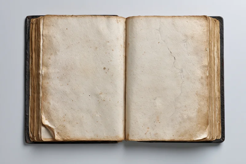Open aged book with blank yellowed pages lying flat on dark surface