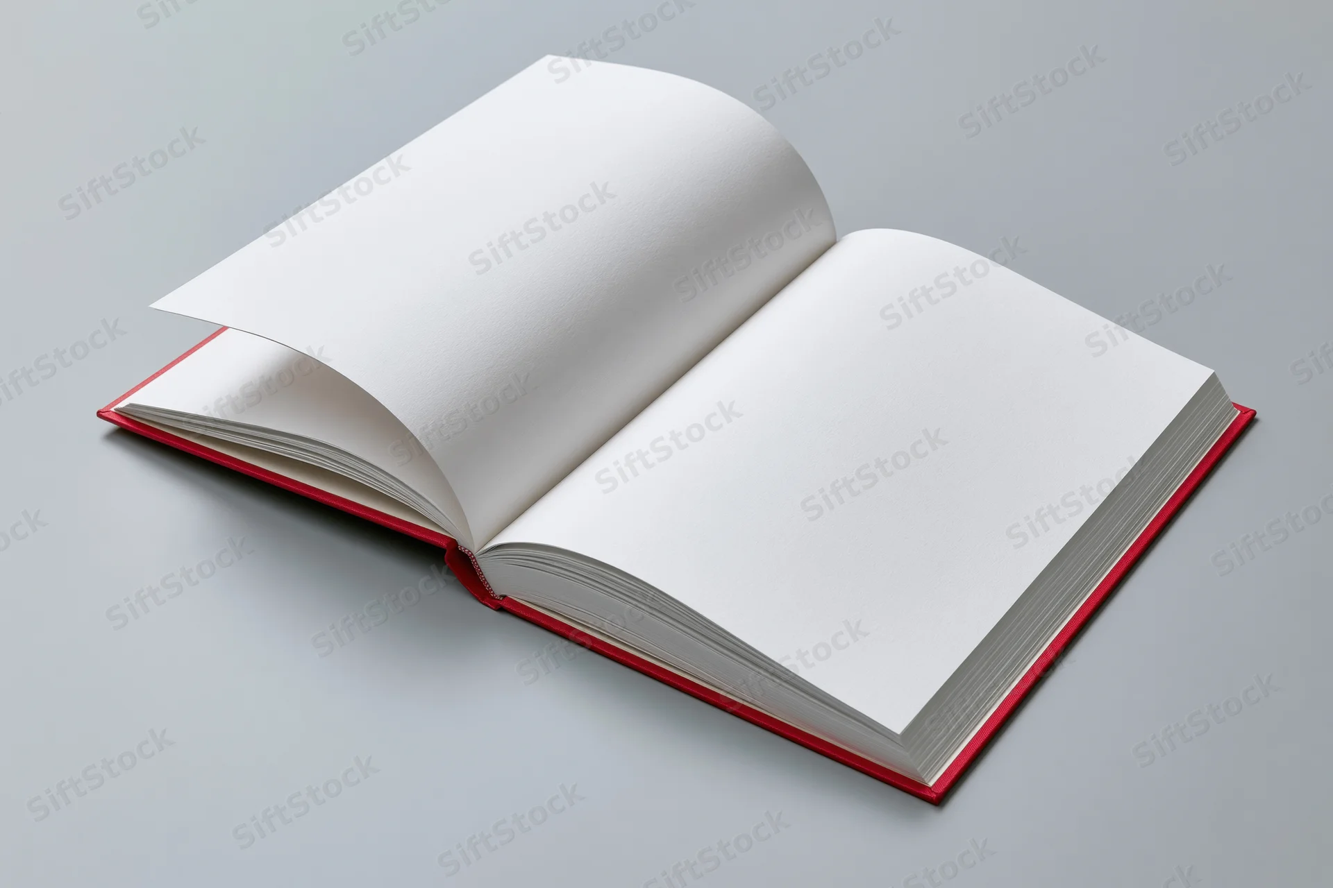 Open hardcover book with blank white pages lying flat on gray surface