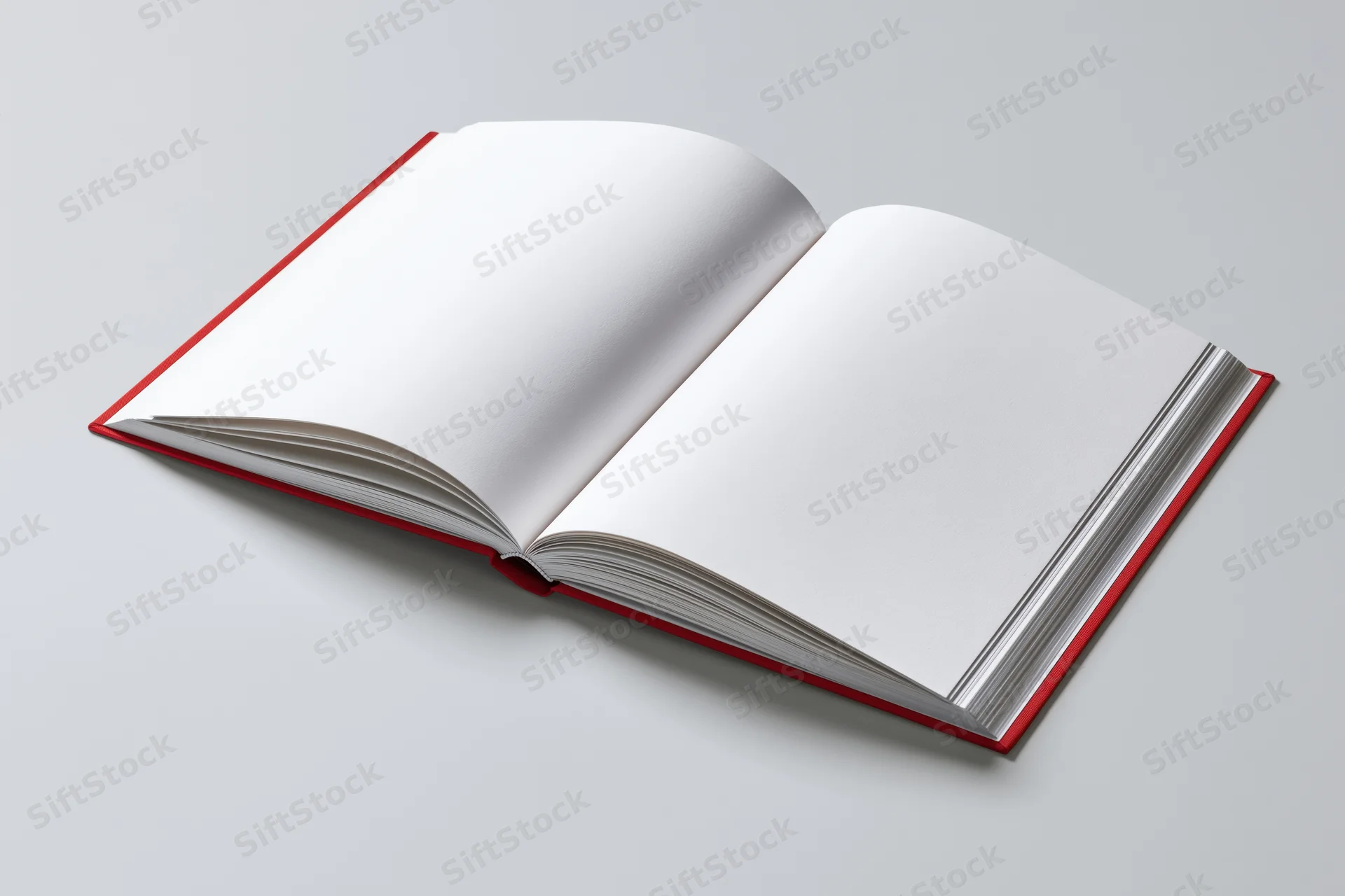 Open hardcover book with blank white pages and red cover lying flat on light surface
