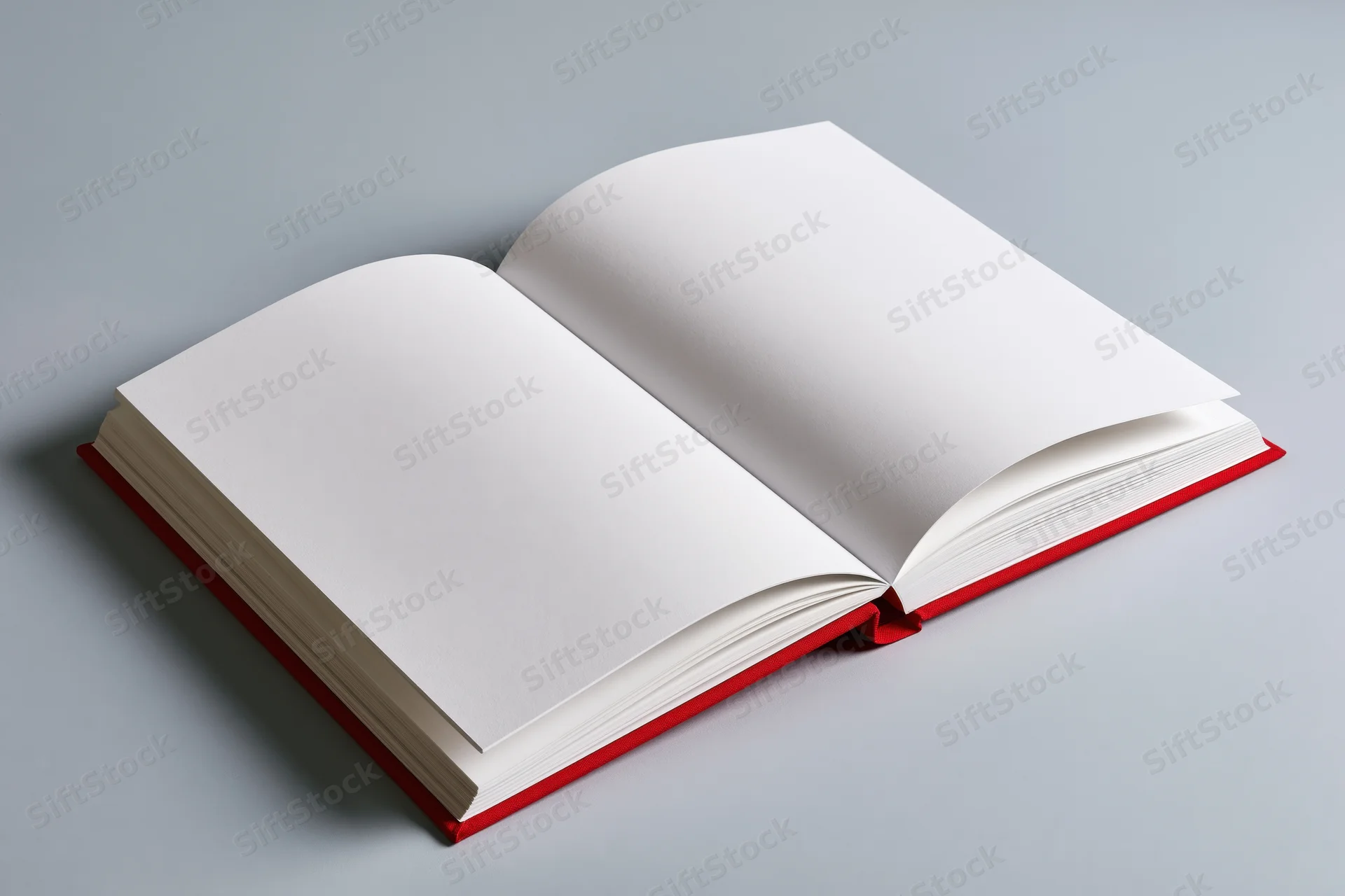 Open hardcover book with blank white pages lying flat on gray surface